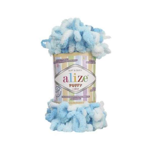 Пряжа Alize PUFFY COLOR Пуффи колор с петлями 4 см 5924 голубой с белым