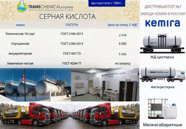 Серная кислота (1 сорт, улучшенная, ХЧ, аккумуляторная)