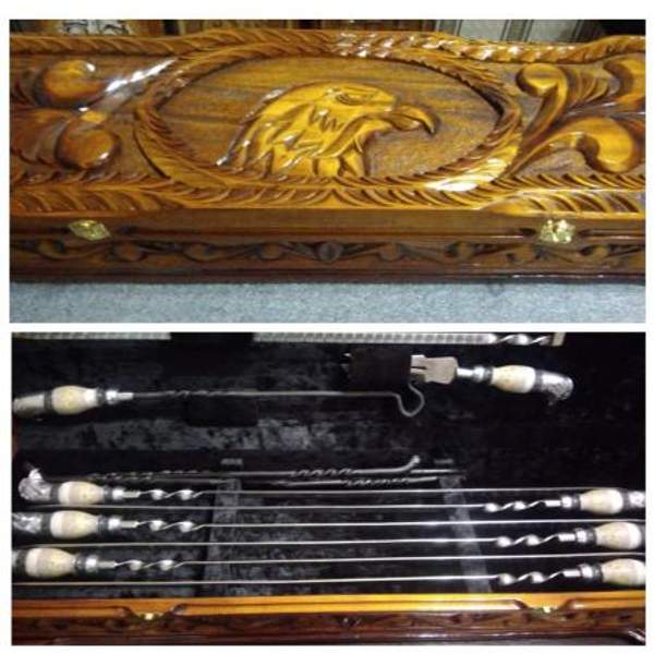 Шампуры в наборах, в деревянном резном пенале "Клюв Орла"