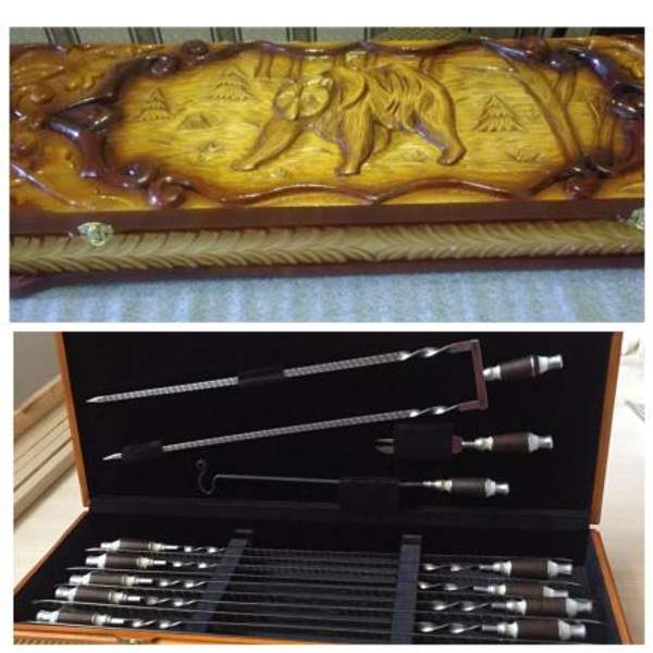 Шампуры в наборах, в деревянном резном пенале "Медведь"