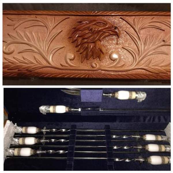 Шампуры в наборах, в деревянном резном пенале "Орел"