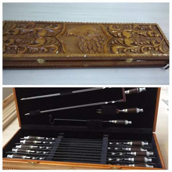 Шампуры в наборах, в деревянном резном пенале "Орлиная Охота"