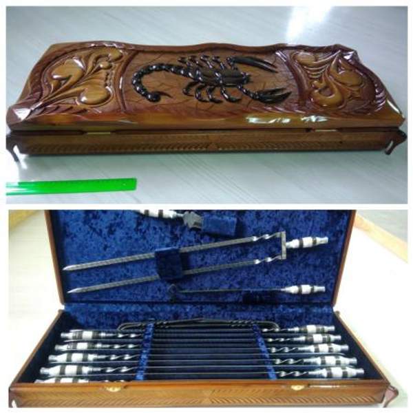 Шампуры в наборах, в деревянном резном пенале "Скорпион"