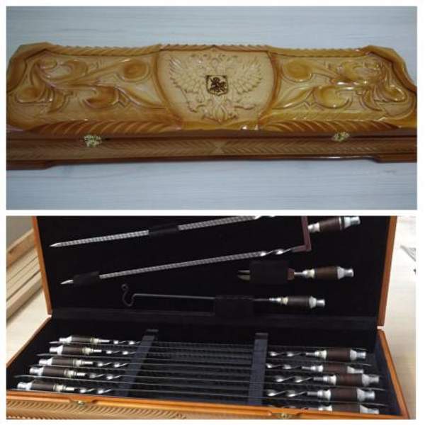 Шампуры в наборах, в деревянном резном пенале "Слава России"