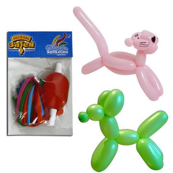 Шары воздушные для моделирования, КОМПЛЕКТ 10 шт., с насосом, цвет ассорти, европодвес, 1111-0120