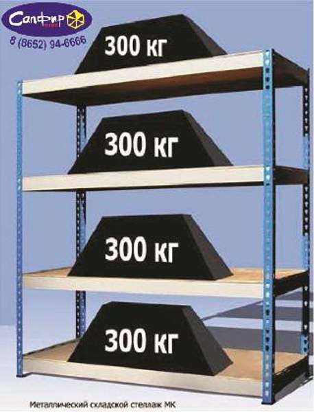 Стеллаж металлический складской 300 кг на полку МКФ 1561 (глуб.0,6м.)