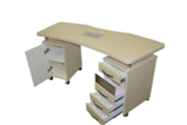 Стол маникюрный с двумя тумбами, УФО-блоком, пылесосом и фигурной столешницей желтый