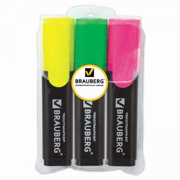 Текстмаркеры BRAUBERG, НАБОР 3 шт., АССОРТИ, "Contract", классические, скошенный наконечник 1-5 мм