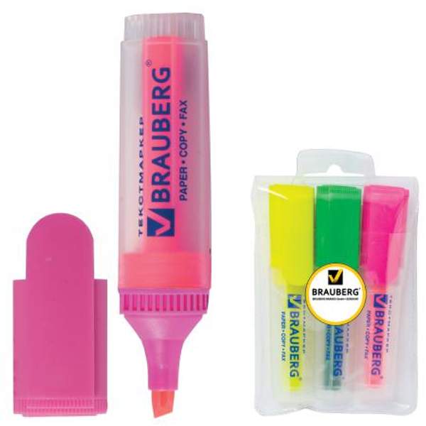 Текстмаркеры BRAUBERG, НАБОР 3 шт., АССОРТИ, "FLUO", прозрачный корпус, скошененный наконечник, 1-5 мм