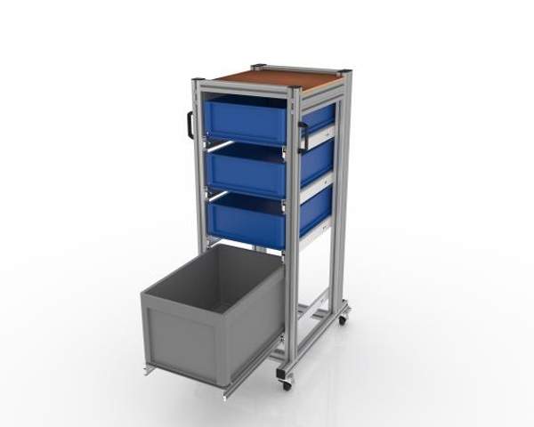 Тележка-органайзер с 3-мя синими и 1-м серым Евроконтейнерами