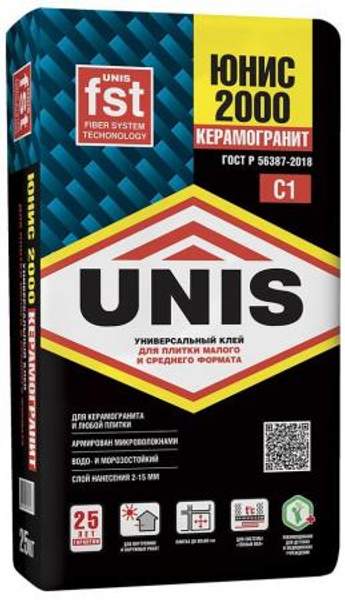 ЮНИС 2000 клей плиточный (25кг) / UNIS 2000 клей для плитки и камня (класс С1) (25кг)