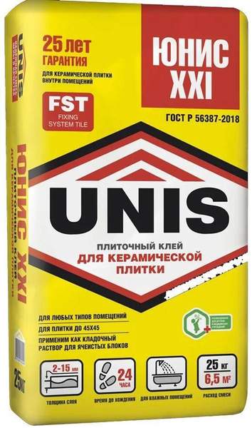 ЮНИС XXI клей плиточный (25кг) / UNIS XXI клей для керамической плитки и керамогранита (класс С0) (25кг)
