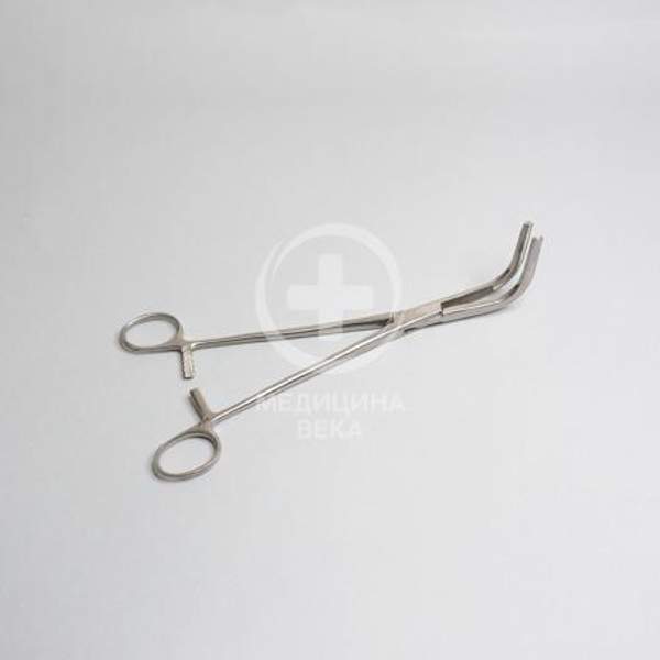 Зажим атравматический изогнутый под углом 90 градусов с двойной нарезкой жесткий