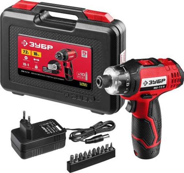 ЗУБР ОШ-7.2 Н отвертка-шуруповерт аккумуляторная 7.2 В, в кейсе с 10 битами