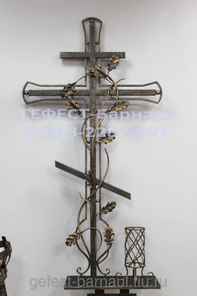 Крест надгробный кованый с дубовыми листьями и вазоном под цветы