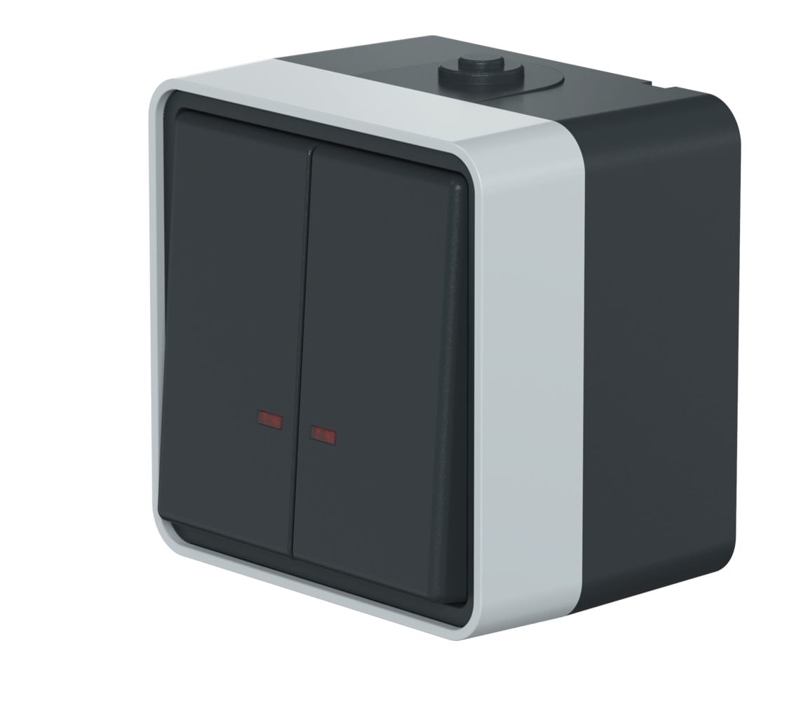 Выключатель двухклавишный CADUCEUS ALING PROTECTA для открытой проводки, с индикацией, 10АХ, 250В~