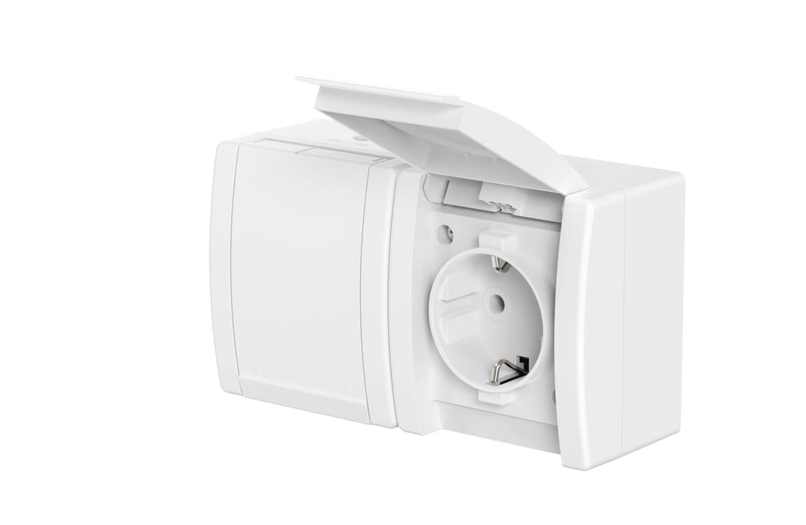 Розетка электрическая двухместная CADUCEUS ALING POWER для открытой проводки, без шторок, с крышкой, 16А, 250В~