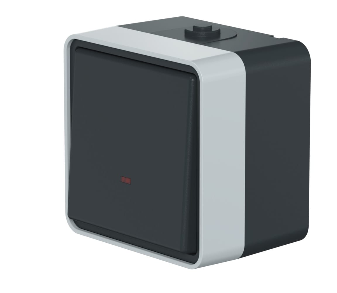 Выключатель одноклавишный CADUCEUS ALING PROTECTA, проходной, для открытой проводки, с индикацией, 10АХ, 250В~