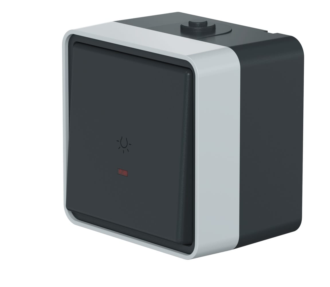 Выключатель одноклавишный кнопочный CADUCEUS ALING PROTECTA для открытой проводки, с символом "свет", с индикацией, 10АХ, 250В~