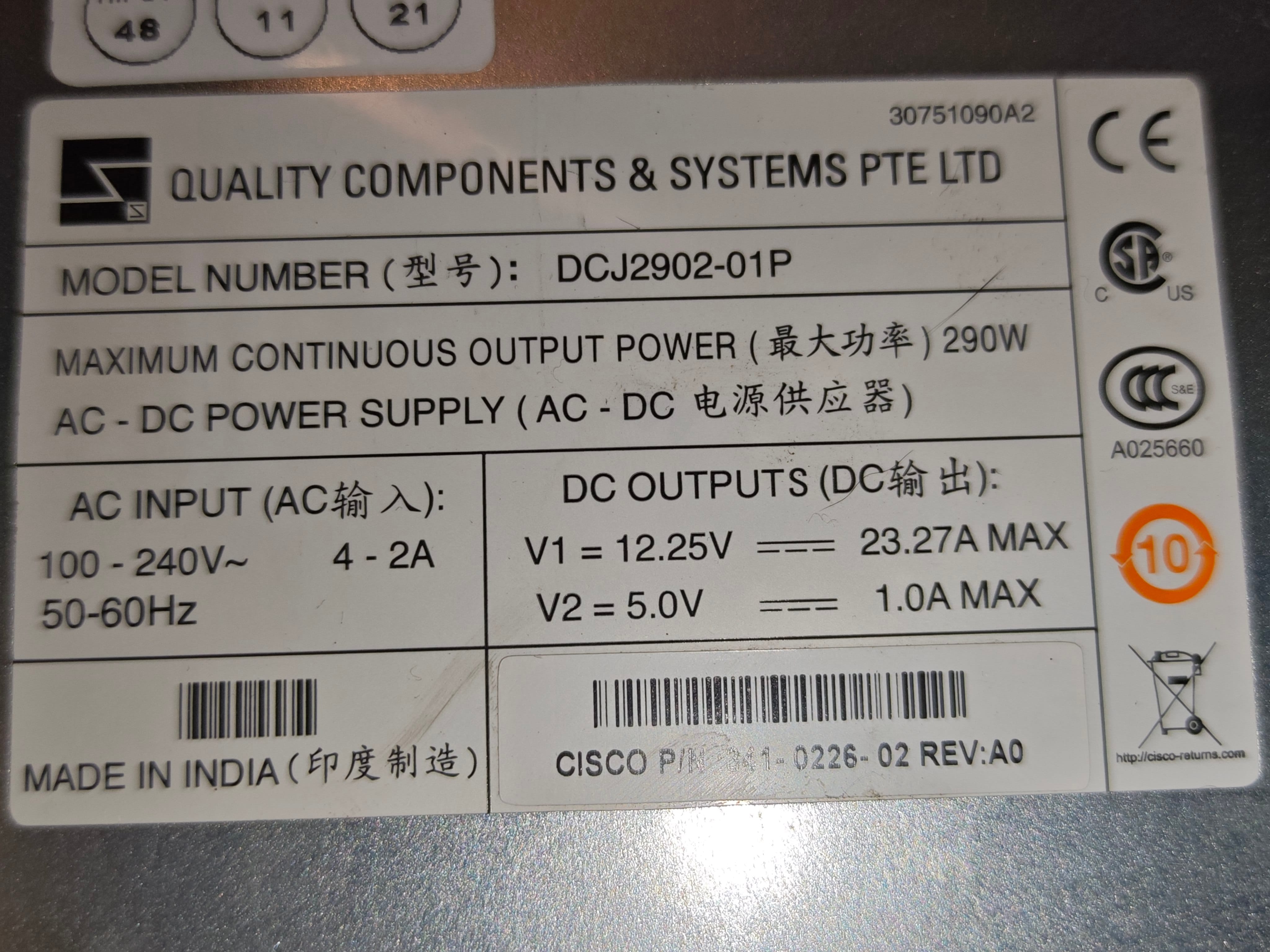 Блок питания Cisco DCJ2902-01P 290W p/n 341-0226-02