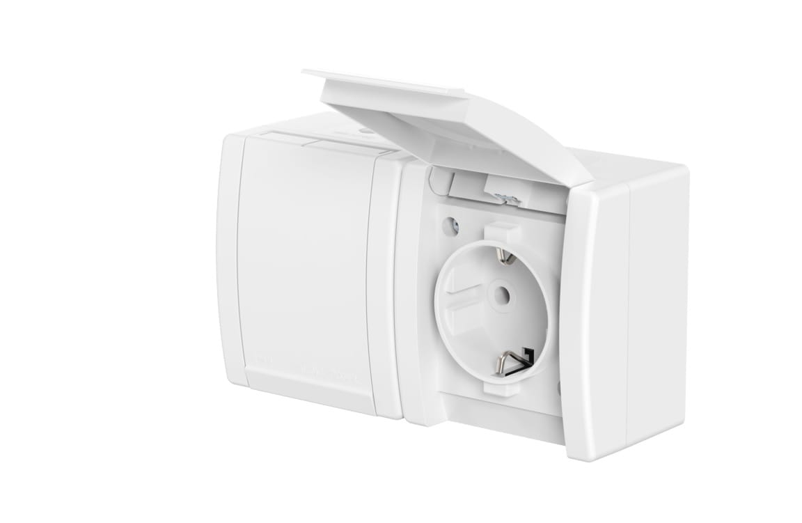 Розетка электрическая двухместная CADUCEUS ALING POWER для открытой проводки, без шторок, с крышкой, 16А, 250В~