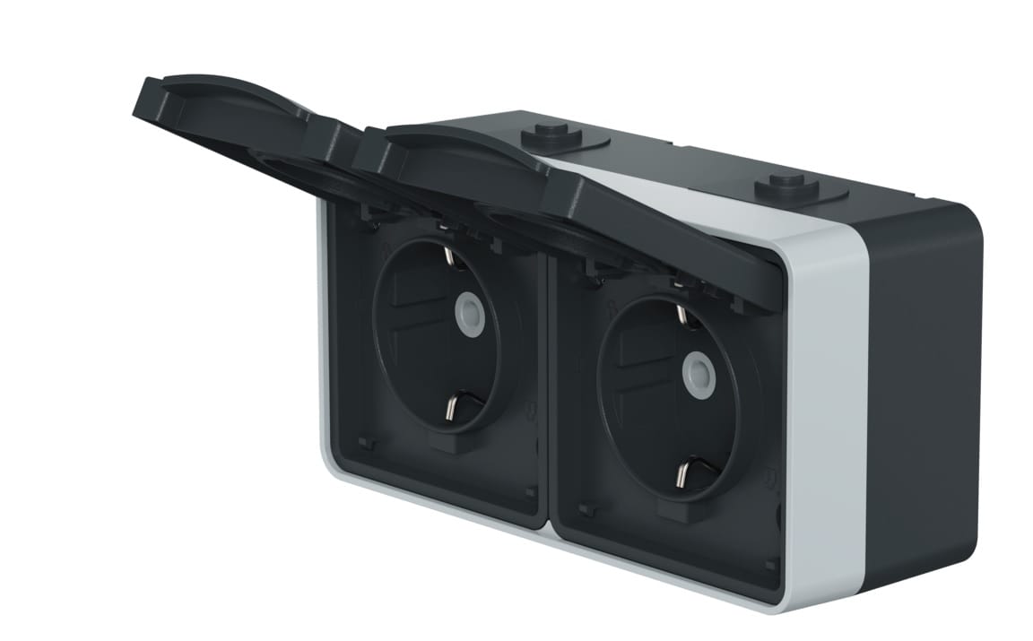 Розетка электрическая двухместная горизонтальная CADUCEUS ALING PROTECTA для открытой проводки, без шторок, с крышкой, 16А, 250В~