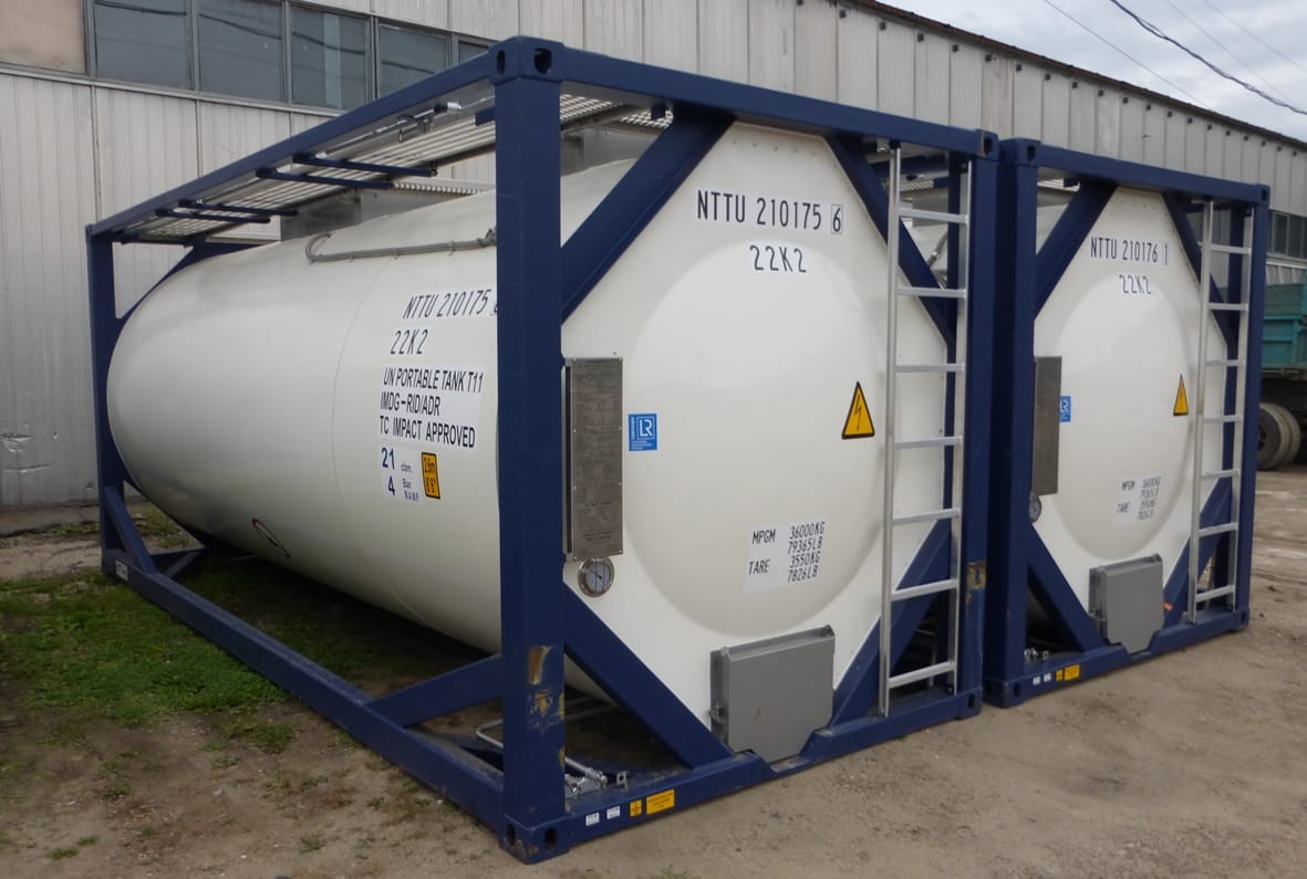 Танк-контейнер объём 21м3 тип Т11, для перевозки хлористоводородной кислоты.