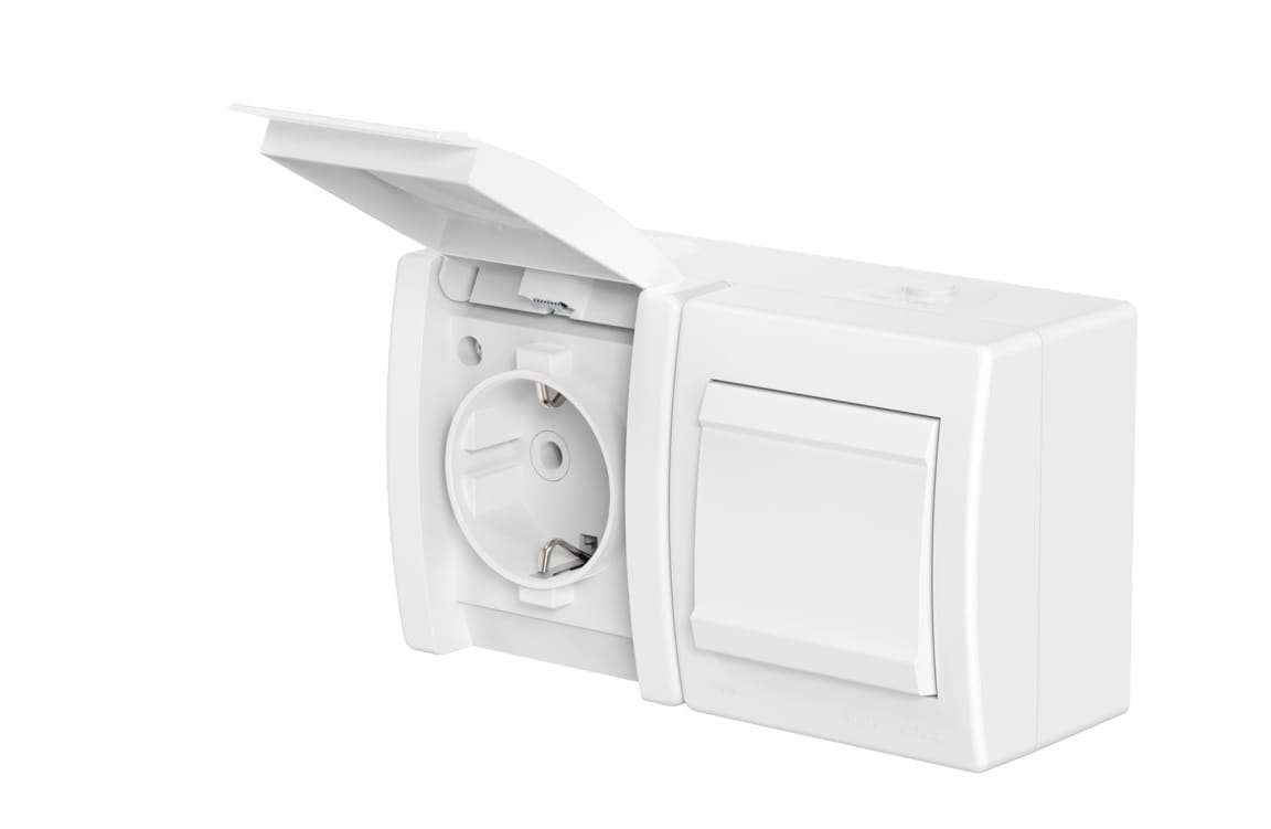Розетка электрическая с выключателем CADUCEUS ALING POWER для открытой проводки, без шторок, с крышкой, 16А, 250В~