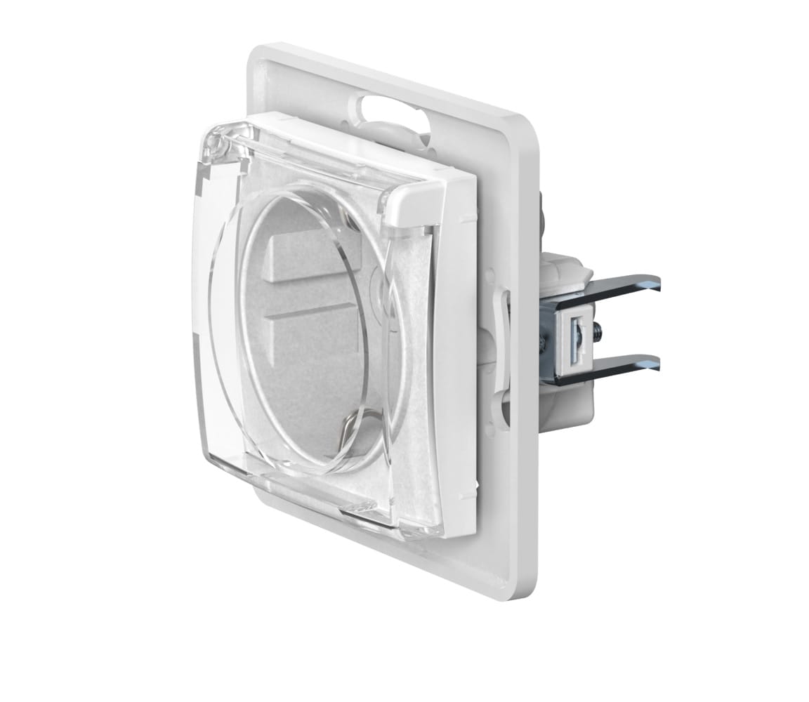 Механизм розетки скрытой установки CADUCEUS ALING PRESTIGE с заземлением, без шторок, с крышкой с пластиковым основанием, 16А, 250В~