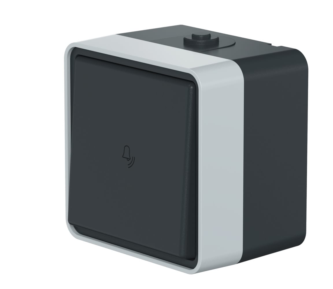 Выключатель одноклавишный кнопочный CADUCEUS ALING PROTECTA для открытой проводки, с символом "звонок", 10А, 250В~