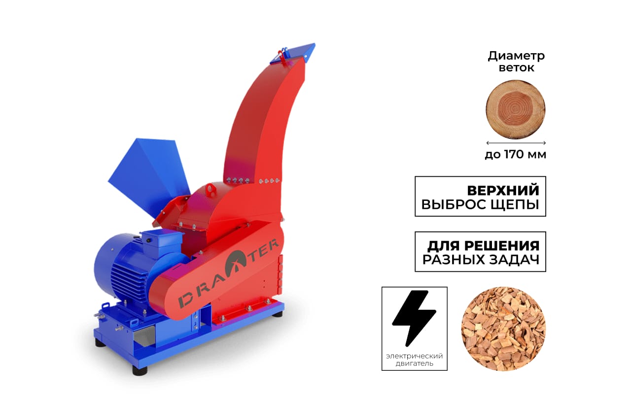 Промышленный утилизатор-щепорез DraXter УЩ-650Э (элект; 22 кВт (380В); сито 30 мм.; раструб 400х400; КБ 8': 4К (усиленная); АЗ 22 кВт)