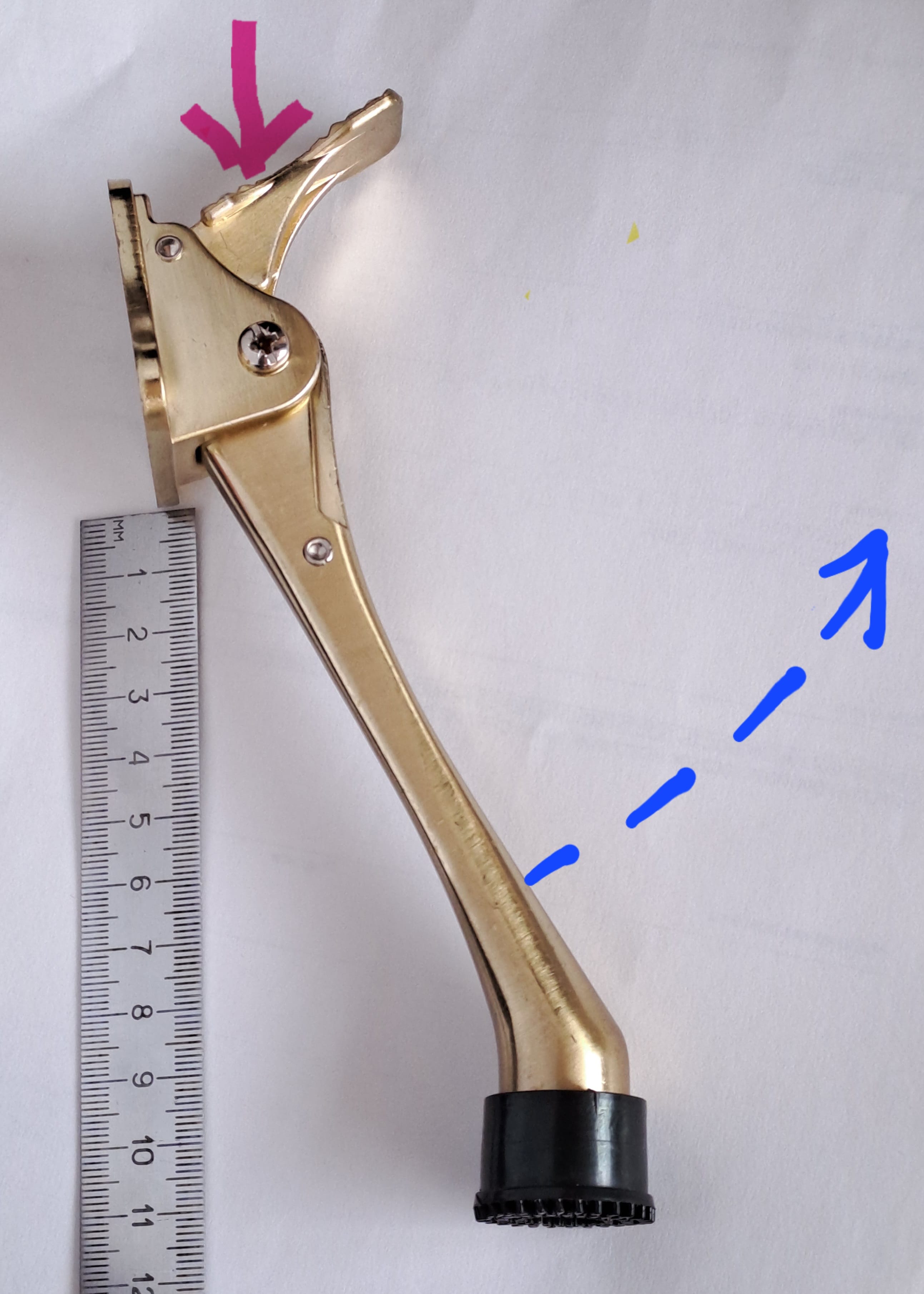 Фиксатор тяжёлой двери Козья ножка 115мм.С педалью Цвет : сталь, золото,  бронза, медь — фото 2
