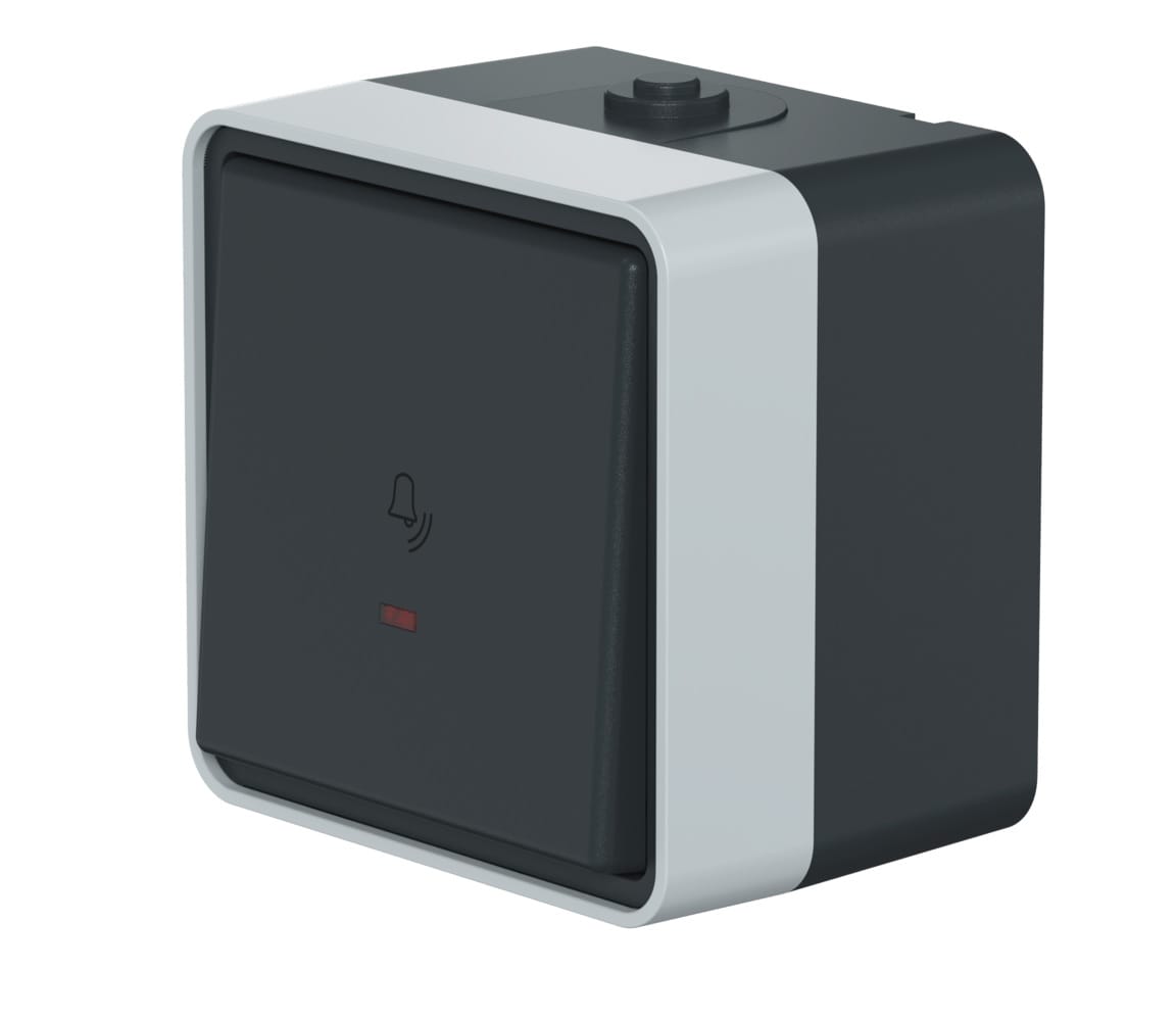 Выключатель одноклавишный кнопочный CADUCEUS ALING PROTECTA для открытой проводки, с символом "звонок", с индикацией 10А, 250В~