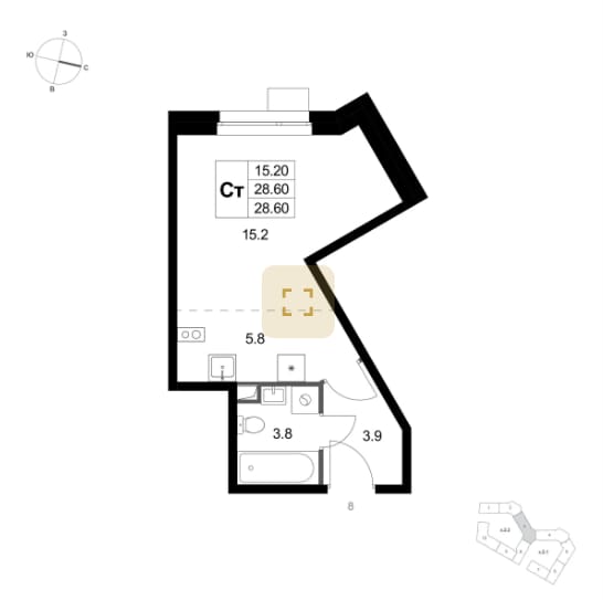 Студия 28.6 м² - квартира №К71, корпус 2.2, этаж 1