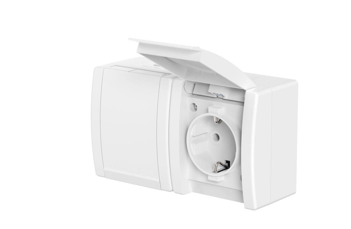 Розетка электрическая двухместная CADUCEUS ALING POWER для открытой проводки, без шторок, с крышкой, 16А, 250В~