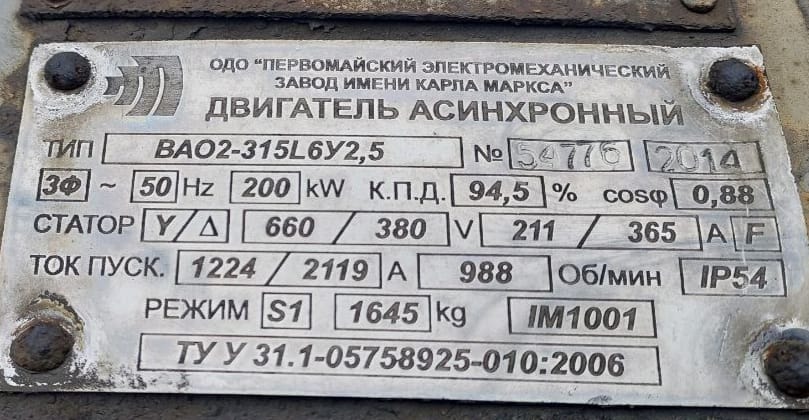 Электродвигатель асинхронный ВАО 2 - 315 L6У2,5 200 kW 988 оборотов