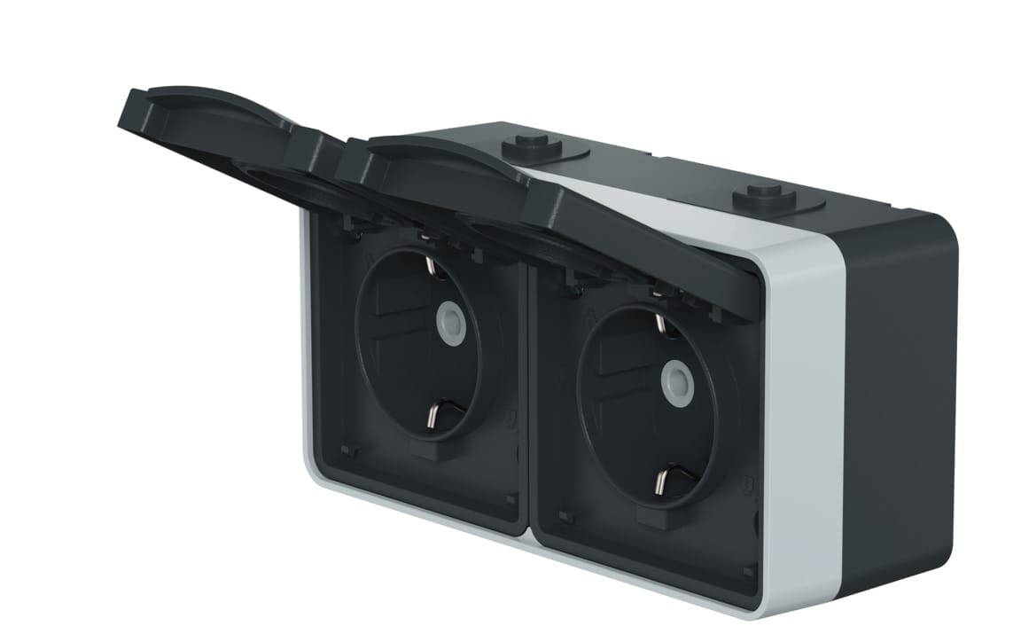 Розетка электрическая двухместная горизонтальная CADUCEUS ALING PROTECTA для открытой проводки, без шторок, с крышкой, 16А, 250В~