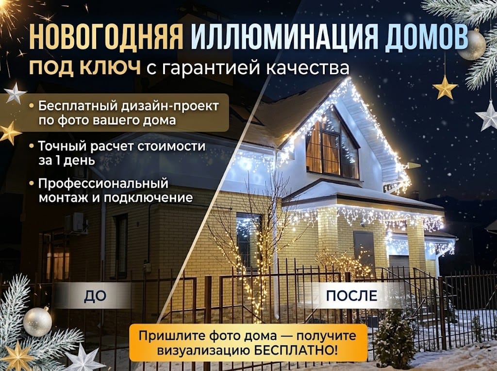 Новогодняя иллюминация домов под ключ | Визуализация по фото бесплатно